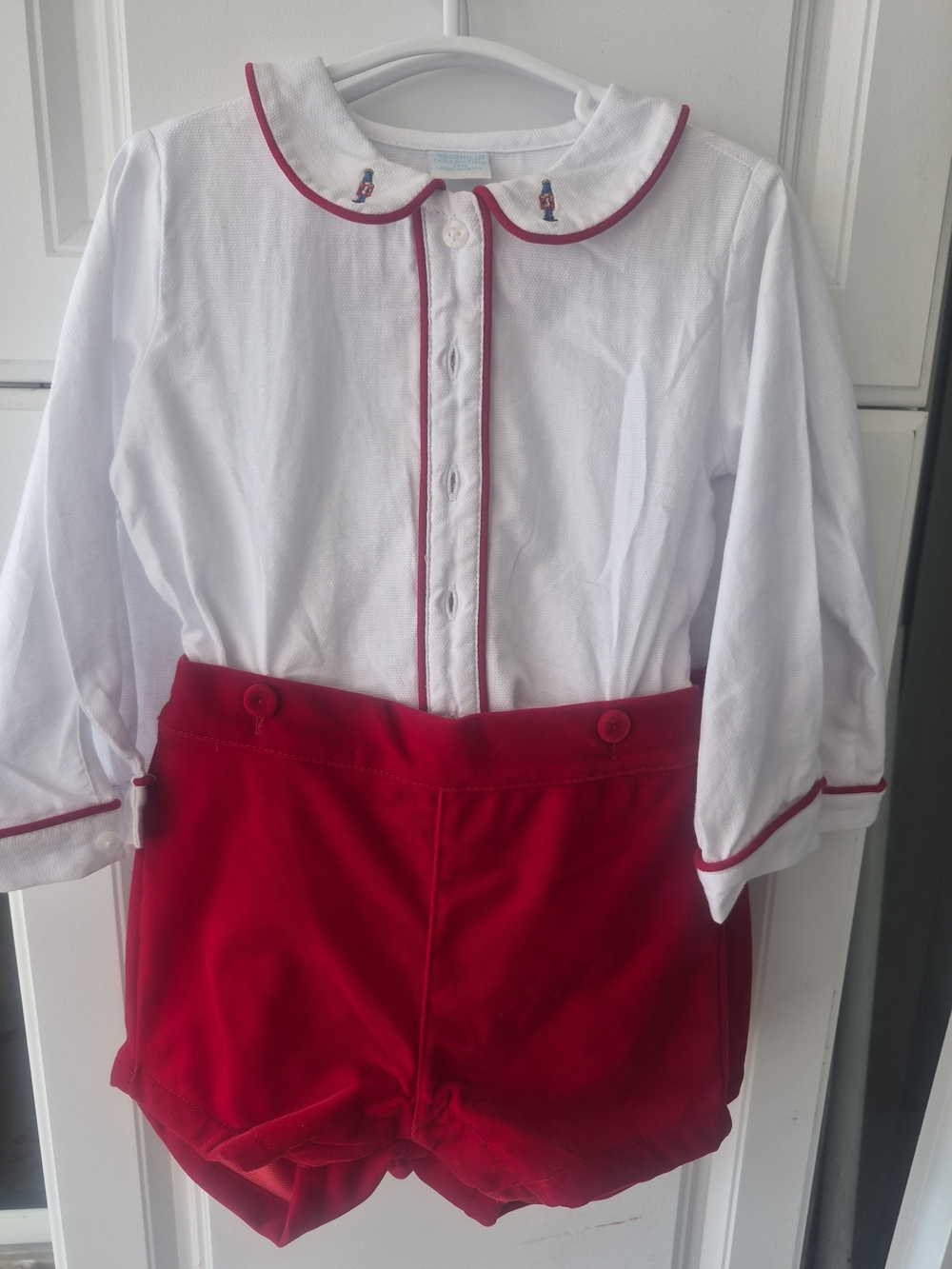 Edgehill Collection Romper with Red Piping and Nutcracker Embroidery